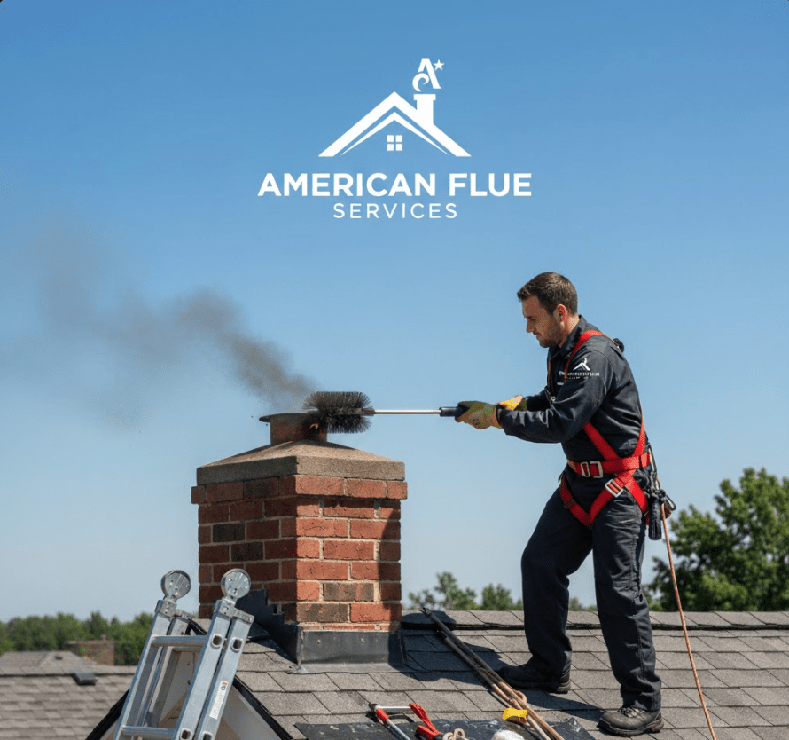 Professional chimney sweep technician cleaning a brick chimney on a roof in Dallas, TX