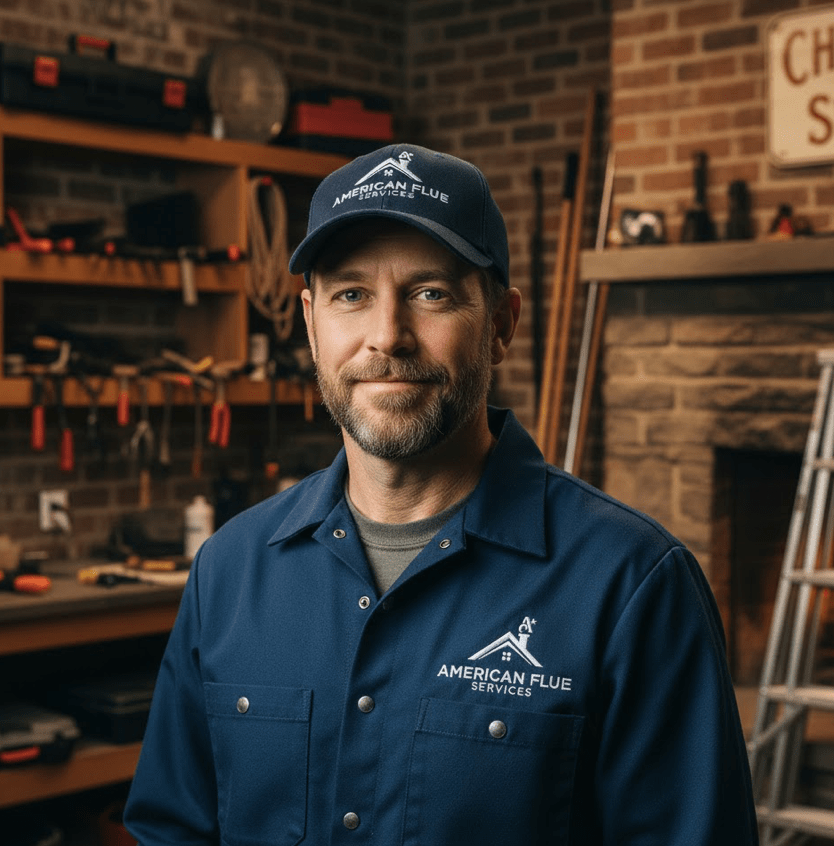 Professional American Flue Services technician in uniform standing in workshop